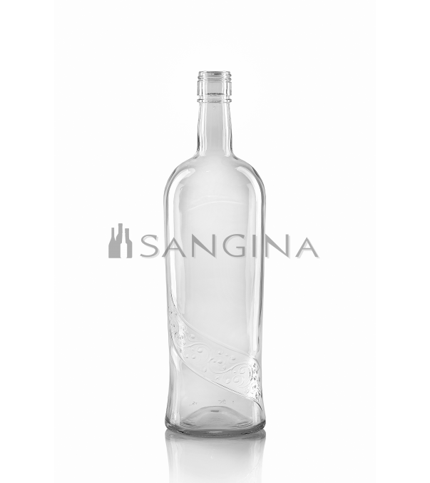 Lasipullo 1000 ml Orenda: läpinäkyvä, kirkas, alaosasta kovera ja kuvioitu. Bordeaux-muoto. Viinin pullotukseen.