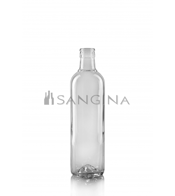 Lasipullo 500 ml Aisberg: läpinäkyvä ja kirkas. Bordeaux-tyyppi, lyhyt kaula ja kuopallinen pohja, sopii öljylle ja kosmetiikalle.
