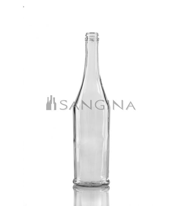 500 ml stikliniai buteliai STG, permatomi, skaidrūs, plokščio dugo, siaurėjančiu kakleliu. Syrah, pinot noir, grenache formos.