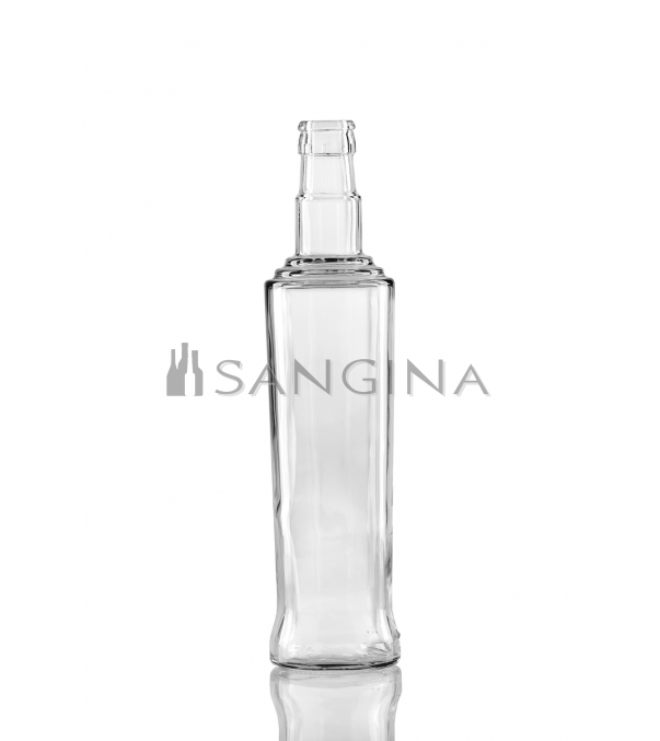 Stikla pudeles “Guala”, 500 ml, ar pakāpienveida dekoru, caurspīdīgas, dzidras. Ekskluzīva dizaina. Paredzētas eļļai, dzērieniem, rūpniecībai.